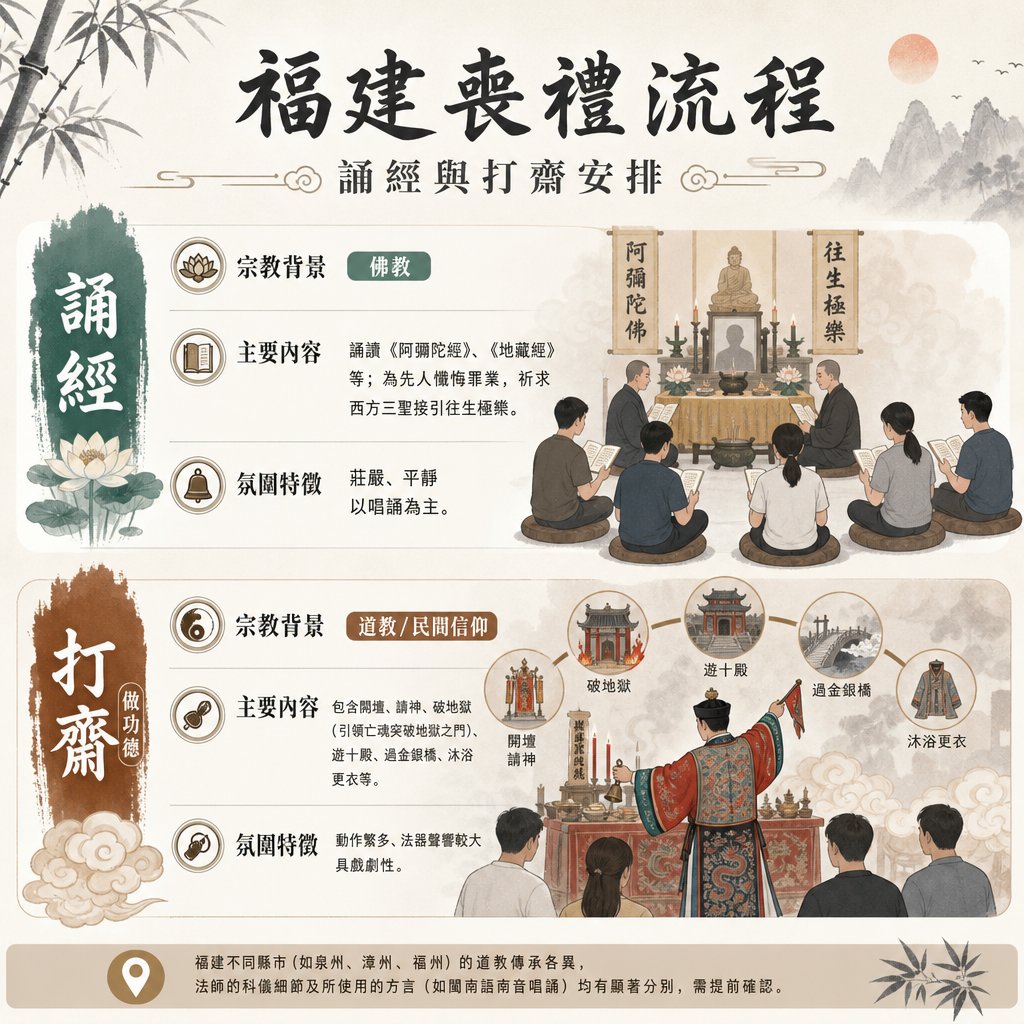 福建喪禮流程資訊圖表，主題為「誦經與打齋安排」。圖表清晰分為「誦經」與「打齋（做功德）」兩大對比區塊：誦經部分及打齋部分。