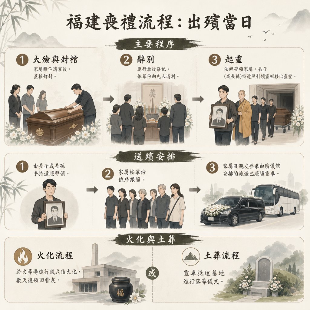 福建喪禮流程資訊圖表，主題為「出殯當日」。圖表由上至下分為三個部分，以插圖詳細說明：主要程序、送殯安排及火化與土葬。