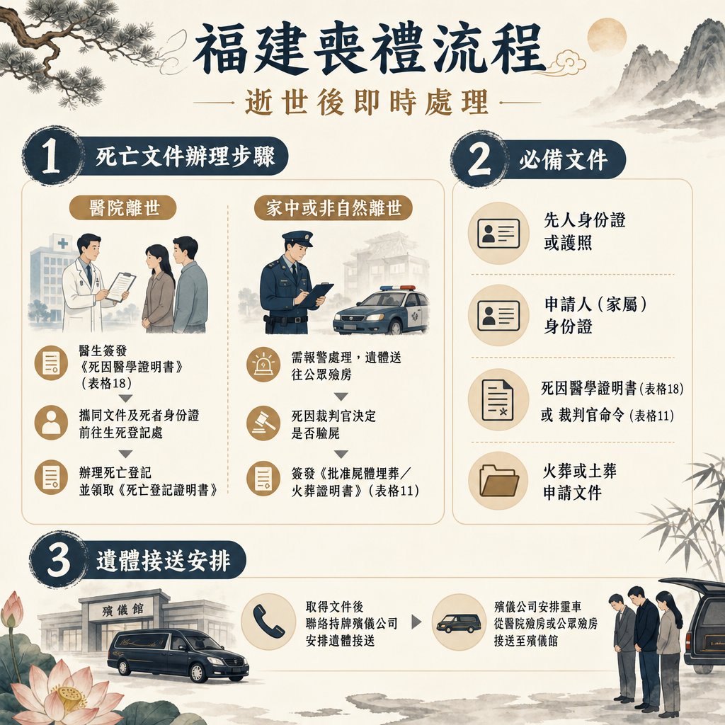 福建喪禮流程資訊圖表，主題為「逝世後即時處理」。圖表分為三個主要部分：死亡文件辦理步驟、必備文件及遺體接送安排。