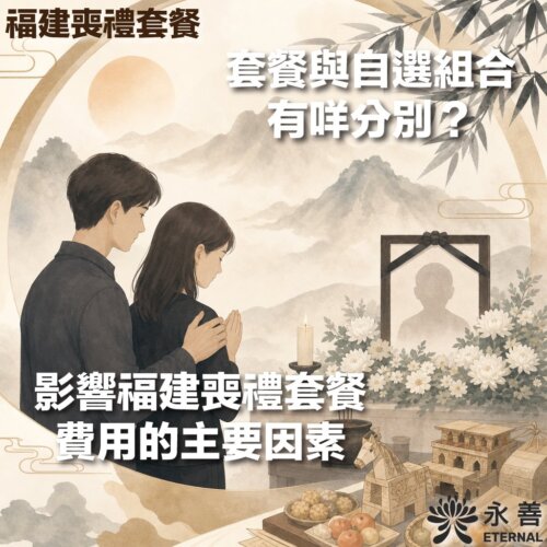 永善 ETERNAL 福建喪禮套餐介紹。圖中文字探討「套餐與自選組合有咩分別?」以及「影響福建喪禮套餐費用的主要因素」,並配有家屬在靈堂前悼念的傳統水墨風格插畫及紙紮祭品。