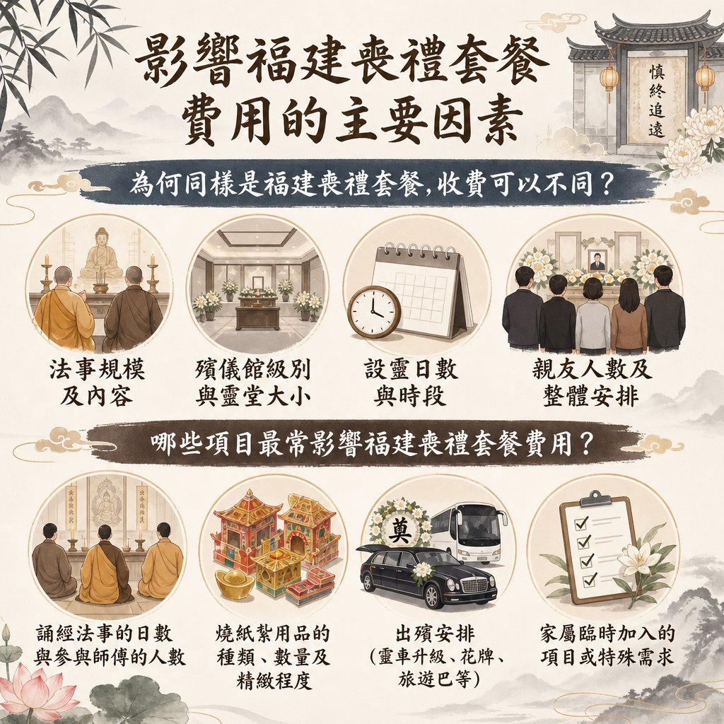 資訊圖表詳細列出「影響福建喪禮套餐費用的主要因素」。內容分為兩大板塊，解析為何同類套餐收費會不同，並列出法事規模、靈堂大小、設靈日數、親友人數等4大核心方向，以及師傅人數、紙紮精緻度、出殯交通（如旅遊巴）與臨時加項等4個最常影響費用的具體項目。