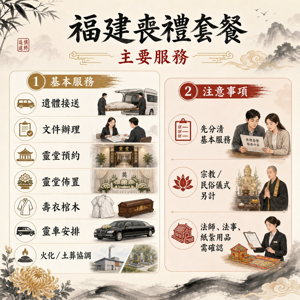 資訊圖表介紹「福建喪禮套餐」的兩大重點：左側列出七項「基本服務」，包含遺體接送、文件辦理、靈堂預約與佈置、壽衣棺木、靈車安排及火化土葬協調；右側列出三項「注意事項」，提醒家屬先分清基本服務內容，並留意宗教儀式、法師法事及紙紮用品通常需額外確認與計費。
