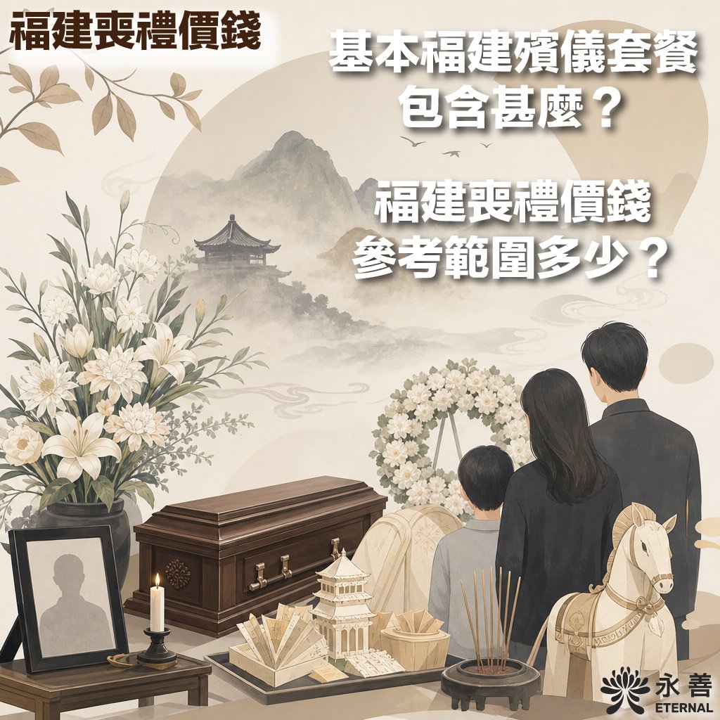 fujian-funeral-package-price-guide-eternal 永善殯儀服務福建喪禮資訊圖,圖中文字標示「福建喪禮價錢」、「基本福建殯儀套餐包含甚麼?」以及「福建喪禮價錢參考範圍多少?」。