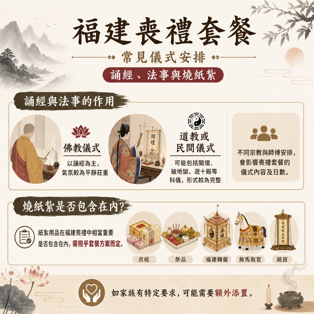 資訊圖表介紹「福建喪禮套餐」的常見儀式安排。內容涵蓋「誦經與法事的作用」（對比佛教與道教/民間儀式之差異），以及說明「燒紙紮是否包含在內」，並列出福建特有的衣紙、祭品、福建轉盤、赦馬赦官及銘旌等傳統紙紮用品。