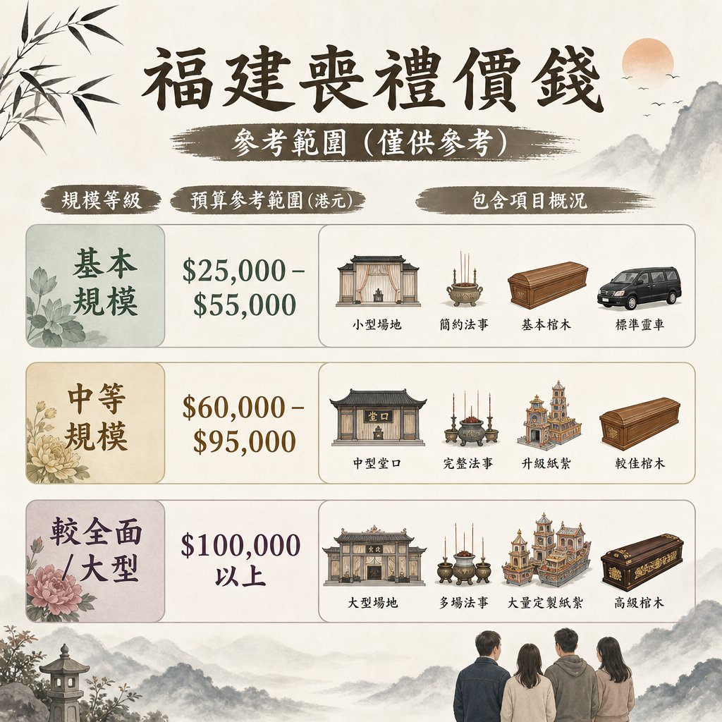 fujian-funeral-service-price-hk 福建喪禮不同規模預算範圍對照圖表,圖表分為規模等級、預算參考範圍(港元)及包含項目概況三大欄目:1. 基本規模;2. 中等規模;3. 較全面/大型 。