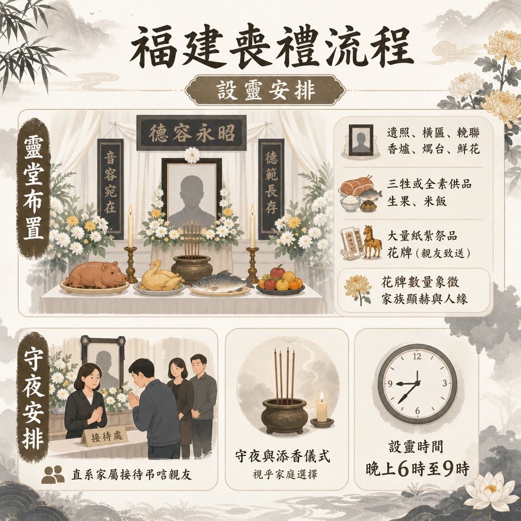 福建喪禮流程資訊圖表，主題為「設靈安排」，圖表分為兩大主要部分：靈堂佈置及守夜安排。