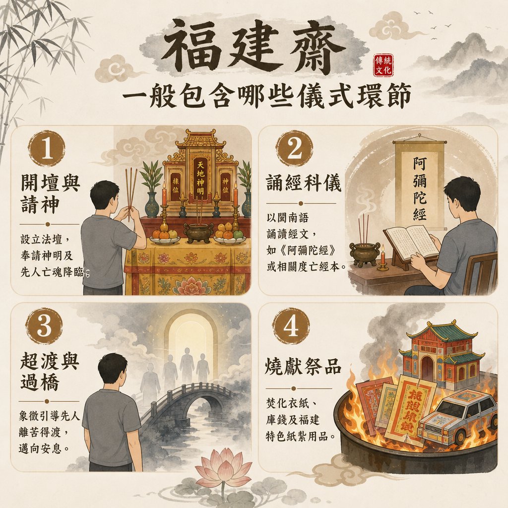 一張標題為『福建齋 一般包含哪些儀式環節』的傳統中式插畫資訊圖表。內容分為四個步驟：開壇與請神、誦經科儀、超渡與過橋及燒獻祭品。