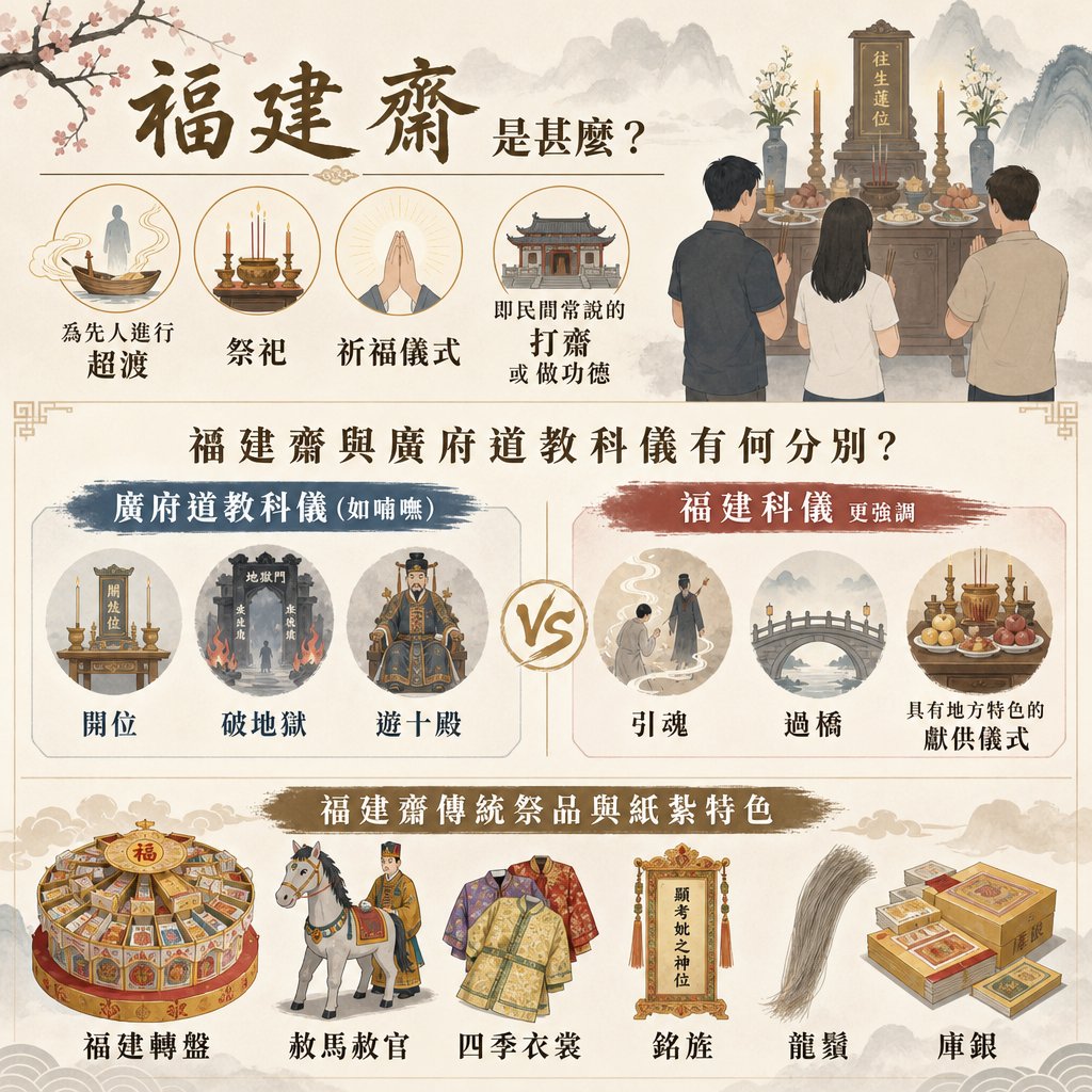 「關於傳統殯儀『福建齋』的詳細資訊圖表。圖表分為三個部分：頂部『福建齋是什麼？』、中部『福建齋與廣府道教科儀有何分別？』的 VS 對比，及底部『福建齋傳統祭品與紙紮特色』。