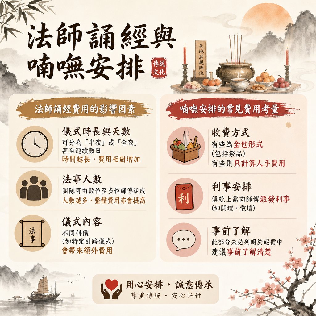 古典水墨風格的資訊圖表，主題為『法師誦經與喃嘸安排』。內容分為兩大板塊：法師誦經費用的影響因素及喃嘸安排的常見費用考量。