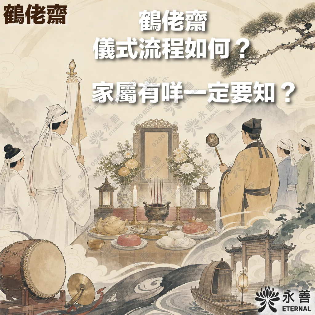 鶴老齋喪禮儀式流程說明，畫面中呈現傳統中式祭祀祭壇，家屬與道士參與祭祀儀式，並附有「鶴老齋儀式流程如何？家屬有咩一定要知？」的標題與永善品牌標誌。