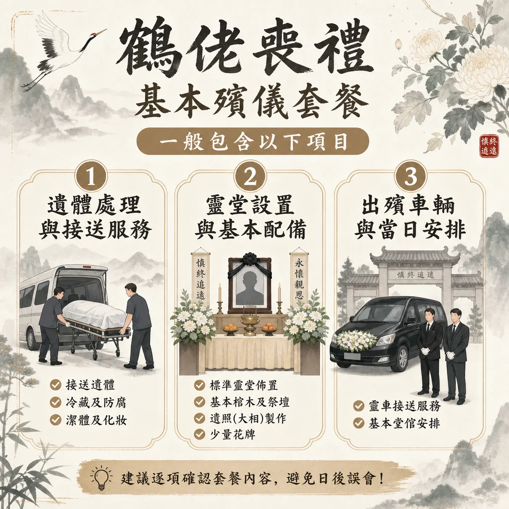 hoklo-funeral-basic-package-items 這是一張介紹「鶴佬喪禮基本殯儀套餐」的資訊圖表,圖表詳細列出套餐一般包含的三大項目:第一項為「遺體處理與接送服務」,第二項為「靈堂設置與基本配備」,第三項為「出殯車輛與當日安排」。