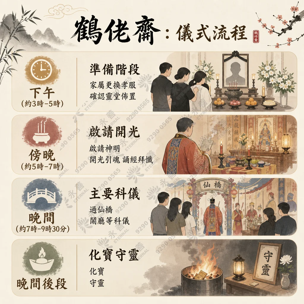 鶴佬齋儀式流程時間軸圖表。圖表詳列了從下午至晚間的各項儀式安排：下午（3時至5時）為準備階段，家屬更換孝服並確認靈堂佈置；傍晚（5時至7時）為啟請開光，包括啟請神明、開光引魂及誦經拜懺；晚間（7時至9時30分）為主要科儀，包含過仙橋與鬧廳；晚間後段則進行化寶與守靈儀式。