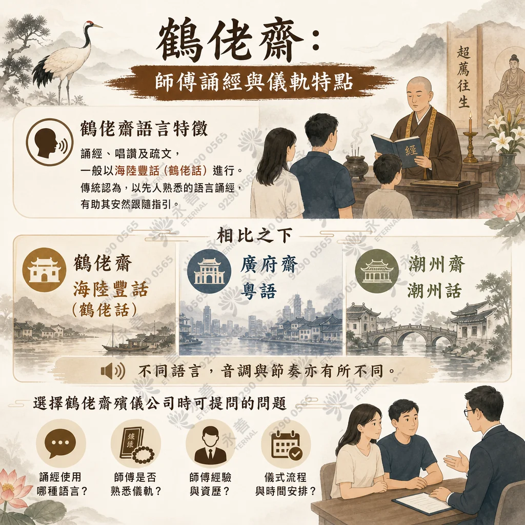 鶴佬齋師傅誦經與儀軌特點資訊圖表。說明鶴佬齋誦經、唱讚及疏文主要使用海陸豐話（鶴佬話），並與廣府齋（粵語）、潮州齋（潮州話）進行對比。圖表下方特別列出選擇殯儀公司時的四項建議提問：確認誦經語言、師傅對儀軌的熟悉度、師傅資歷經驗，以及儀式流程與時間安排。