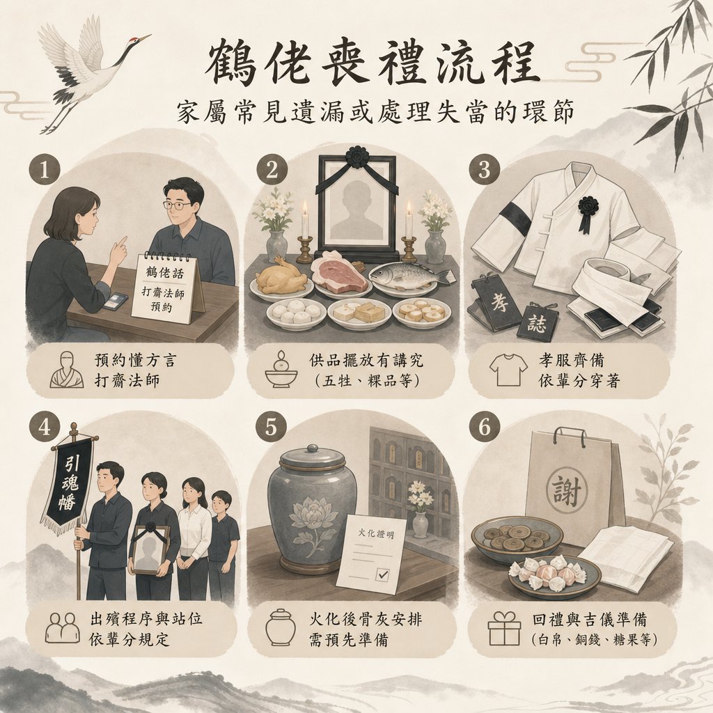 這是一張標題為「鶴佬喪禮流程 - 家屬常見遺漏或處理失當的環節」的傳統水墨風資訊圖表。詳細列出六個家屬需特別注意的細節： 預約懂方言打齋法師、供品擺放有講究、孝服齊備依輩分穿著、出殯程序與站位依輩分規定、火化後骨灰安排需預先準備及回禮與吉儀準備。