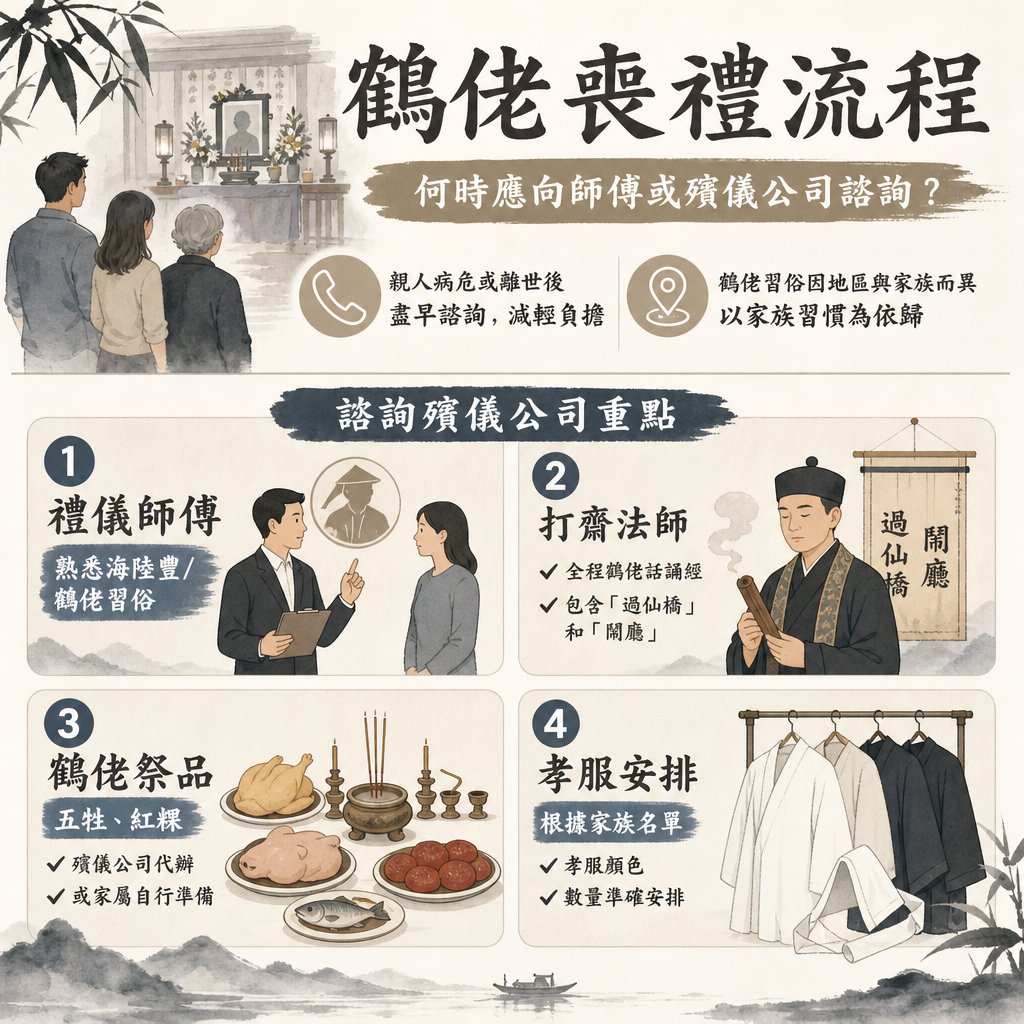 這是一張標題為「鶴佬喪禮流程 - 何時應向師傅或殯儀公司諮詢？」的傳統水墨風資訊圖表。圖表主體列出「諮詢殯儀公司重點」的四大項目：禮儀師傅、打齋法師、鶴佬祭品及孝服安排。