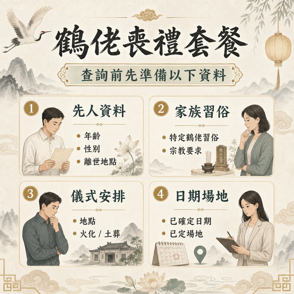 鶴佬喪禮套餐諮詢前準備資料清單。圖表詳細列出家屬需要提前確認的四大要件：先人資料（年齡/性別/離世地點）、家族習俗（鶴佬習俗/宗教要求）、儀式安排（地點/火葬或土葬）以及日期場地。