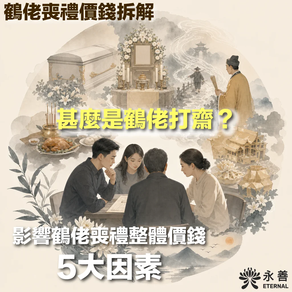 hoklo-funeral-cost-breakdown-5-factors 這是一張介紹鶴佬喪禮資訊的資訊圖表,左上角標題為「鶴佬喪禮價錢拆解」,畫面中央以醒目黃色字體提問「甚麼是鶴佬打齋?」,左下方寫有「影響鶴佬喪禮整體價錢 5大因素」。