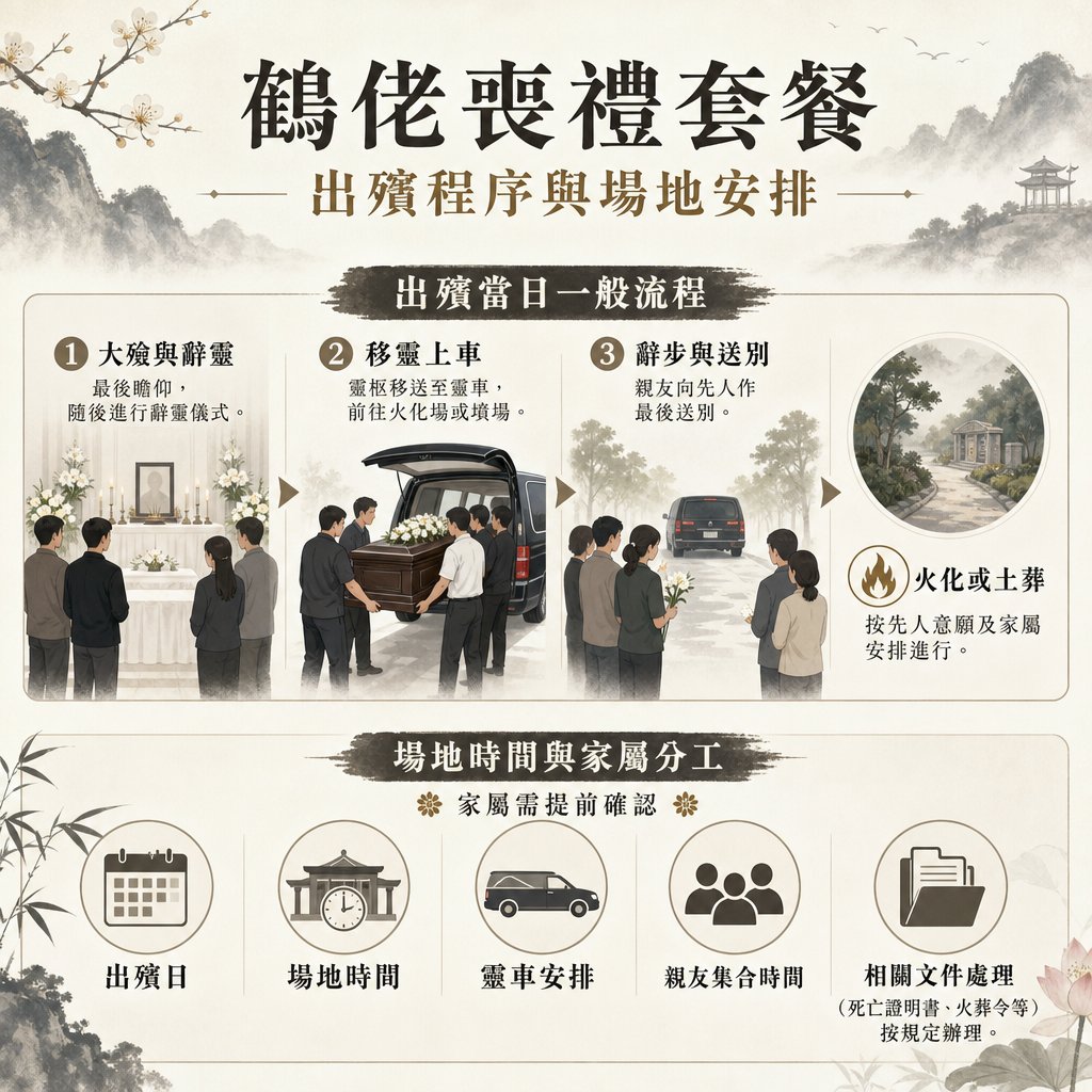 鶴佬喪禮出殯當日流程與場地安排圖表。詳細列出大殮辭靈、移靈上車、辭步送別、火化或土葬等出殯四部曲，並提醒家屬確認出殯日期、時間、車輛安排與辦理死亡證明、火葬令等相關文件。