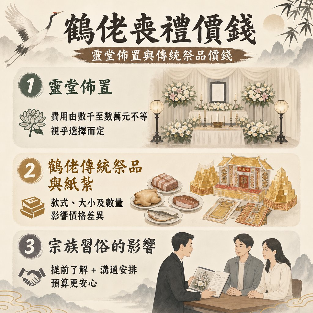 hoklo-funeral-decoration-and-offerings-cost 這是一張介紹「鶴佬喪禮價錢」的資訊圖表,圖表詳細列出影響費用的三大核心項目:1. 靈堂佈置、2. 鶴佬傳統祭品與紙紮、3. 宗族習俗的影響。