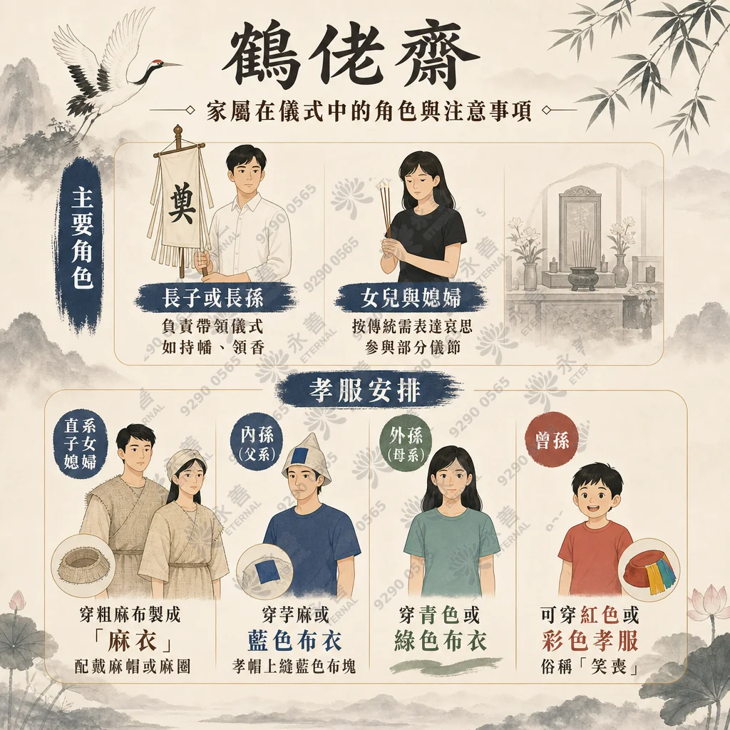 鶴佬齋家屬角色與注意事項資訊圖表。上方說明主要角色職責：長子或長孫負責帶領儀式（如持幡、領香），女兒與媳婦則參與部分儀節表達哀思。下方詳列孝服安排：直系子女媳婦穿粗麻布製成的「麻衣」並戴麻帽或麻圈；內孫穿芋麻或藍色布衣，孝帽縫上藍色布塊；外孫穿青色或綠色布衣；曾孫則可穿紅色或彩色孝服，俗稱「笑喪」。