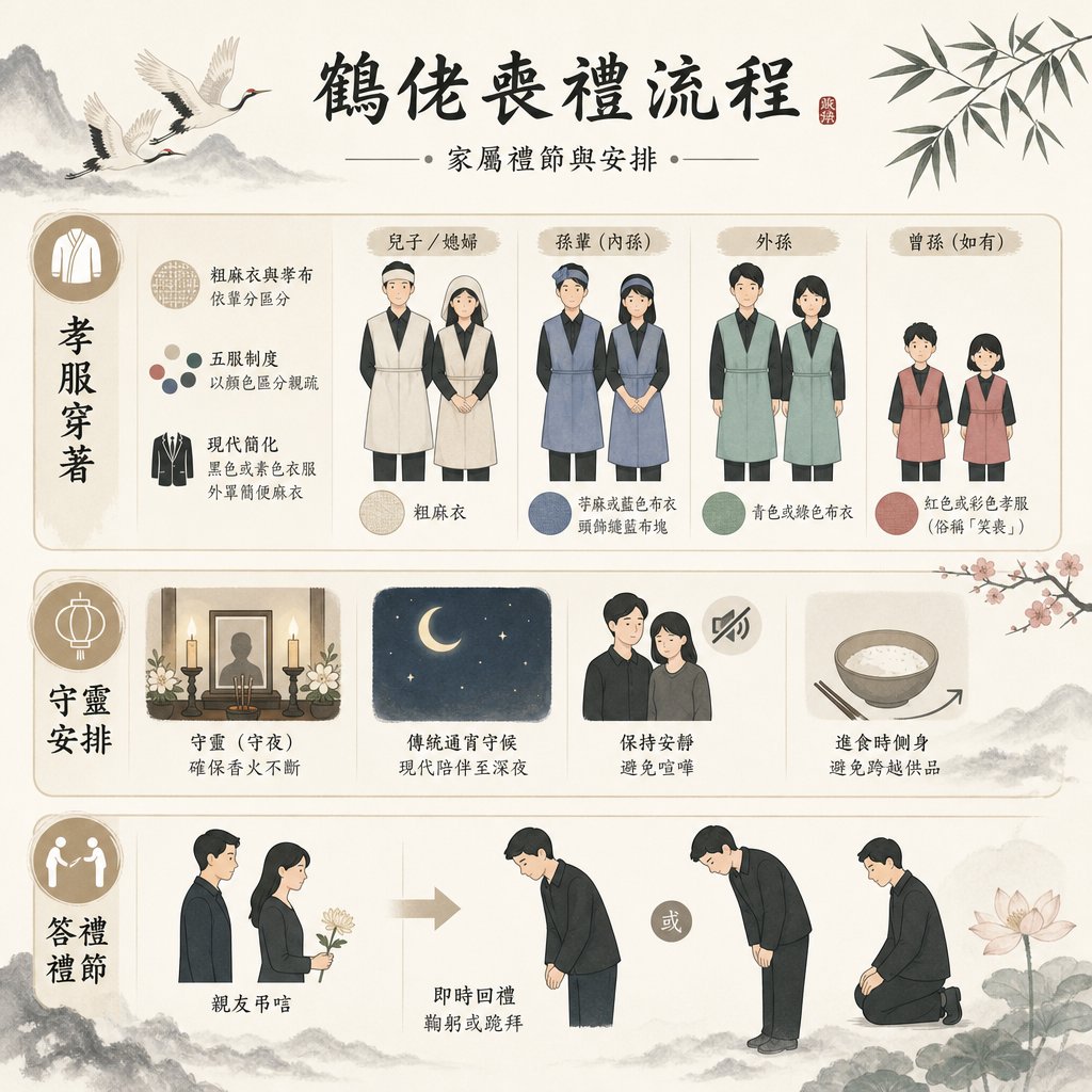 這是一張標題為「鶴佬喪禮流程 - 家屬禮節與安排」的傳統水墨風資訊圖表，主要分為三個部分：孝服穿著、守靈安排及答禮禮節。