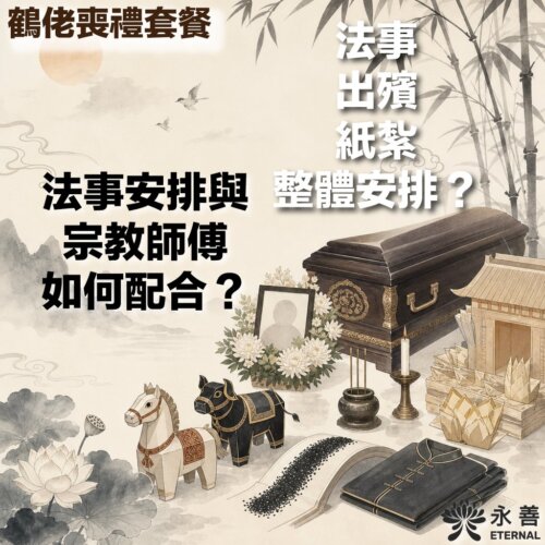 永善 ETERNAL 鶴佬喪禮套餐介紹圖。圖中文字探討「法事 出殯 紙紮 整體安排？」與「法事安排與宗教師傅如何配合？」，並配有水墨風的中式棺木、遺照、紙紮大屋、紙紮牛馬及壽衣等傳統祭品插畫。