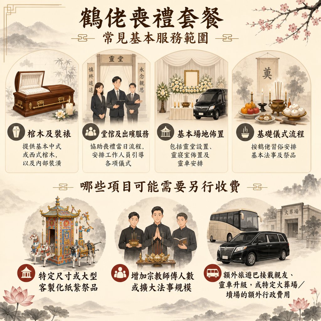 鶴佬喪禮套餐資訊圖表，詳細說明包含棺木、堂館出殯、場地佈置、鶴佬法事等基本服務範圍，以及紙紮祭品、加聘師傅、車輛升級等額外收費項目。