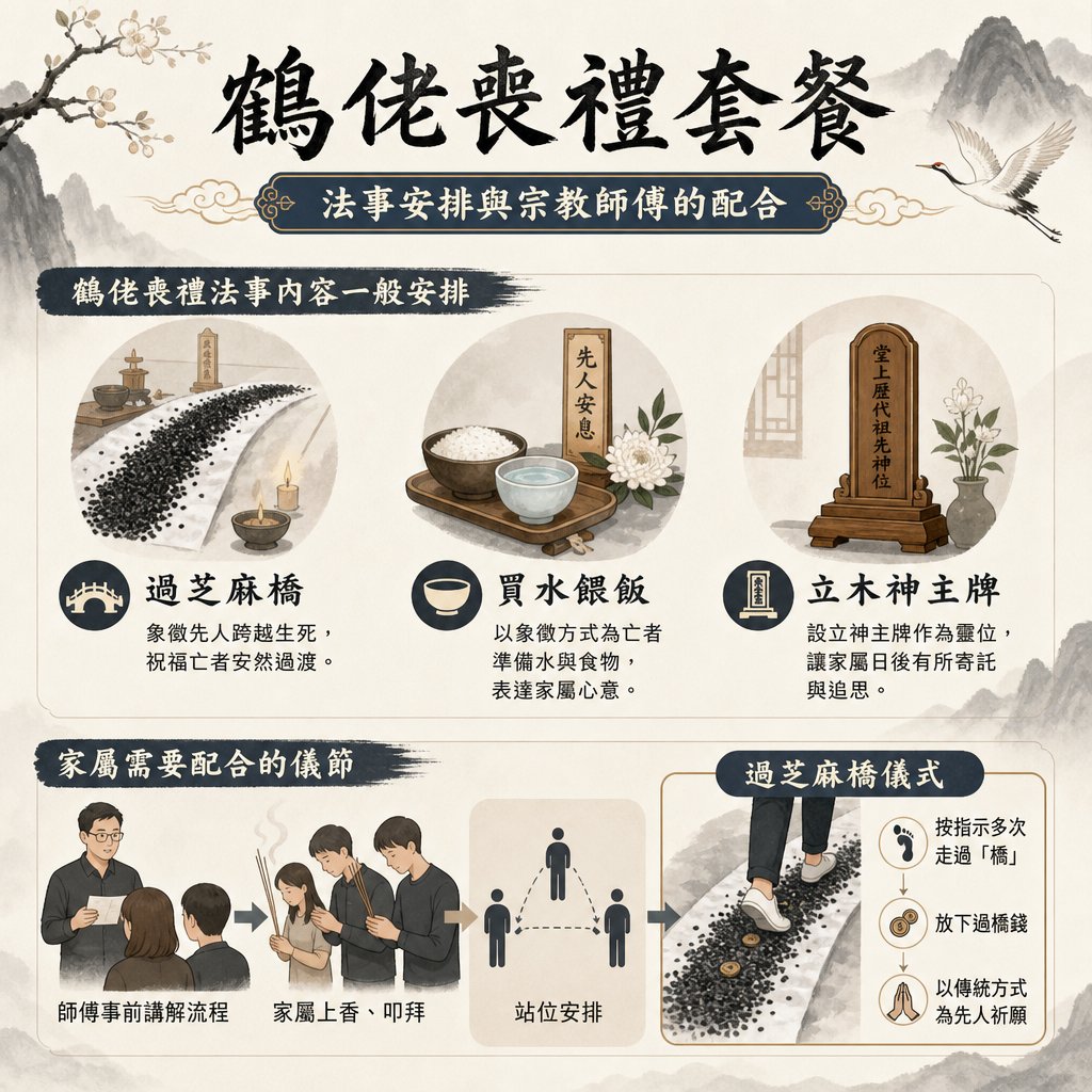 鶴佬喪禮套餐法事內容指南。圖解過芝麻橋、買水餵飯、立木神主牌等鶴佬傳統儀式，並詳細列出家屬上香、叩拜及過芝麻橋儀式的配合步驟與流程。