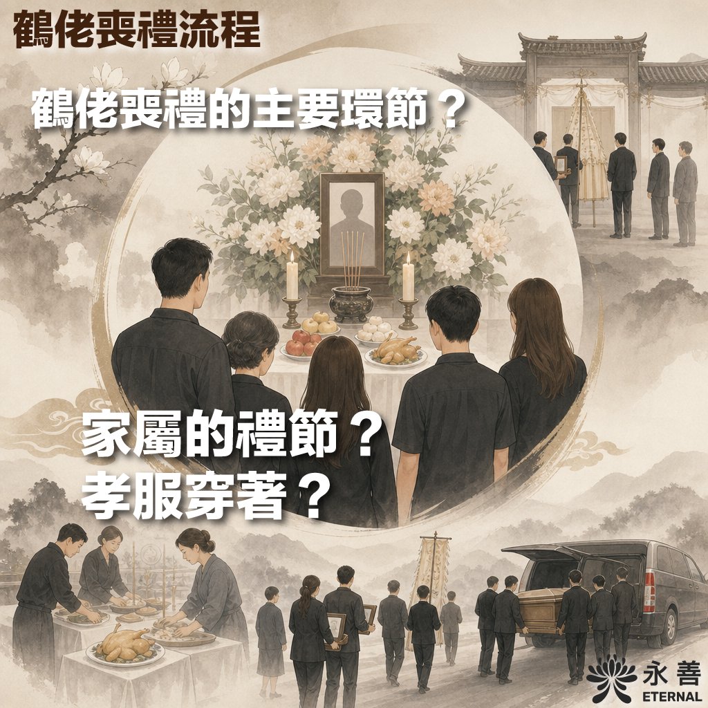 這是一張「鶴佬喪禮流程」宣傳字卡。圖中印有明顯的白色醒目標題：「鶴佬喪禮的主要環節？」、「家屬的禮節？」與「孝服穿著？」，右下角帶有永善（ETERNAL）的品牌標誌。
