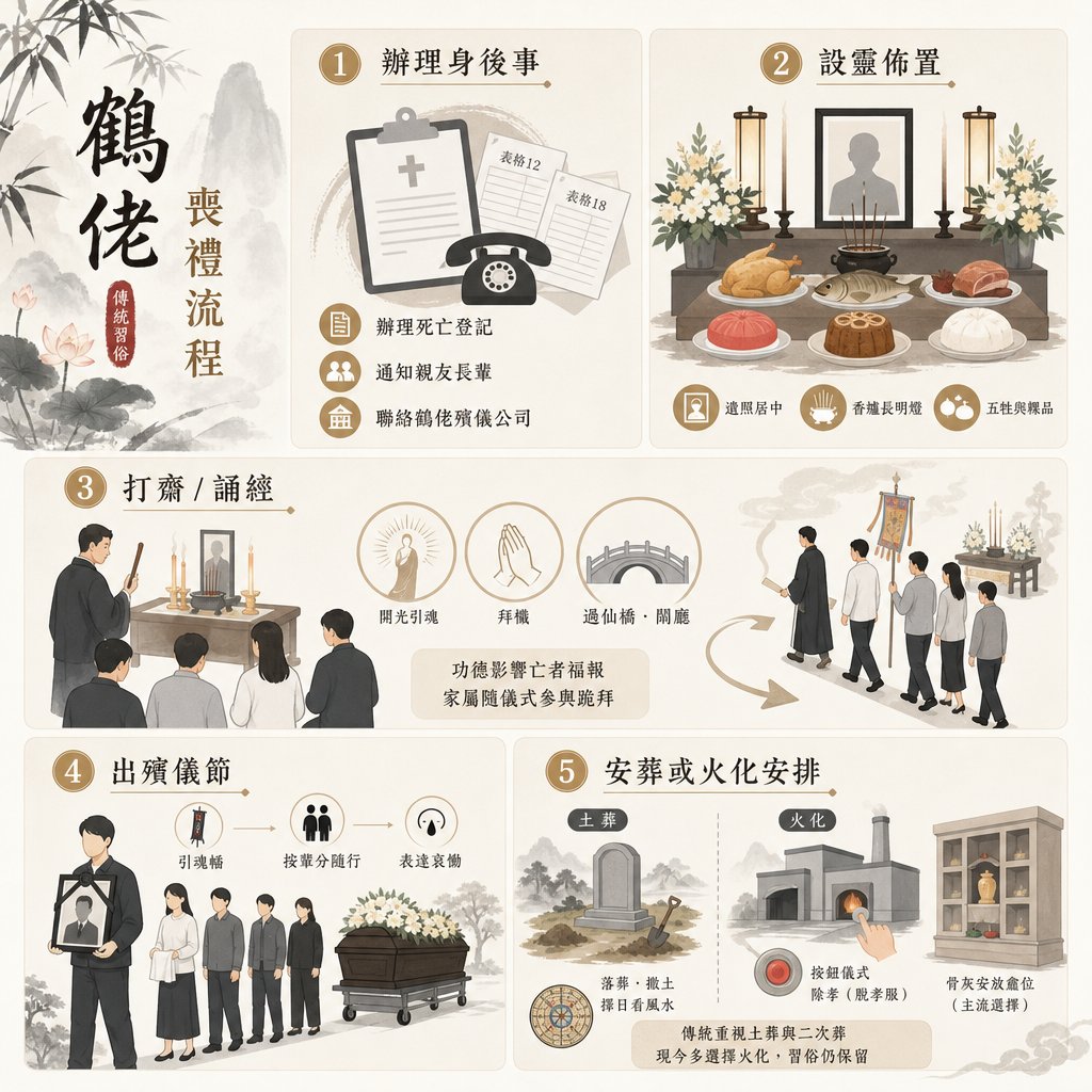 這是一張詳述「鶴佬傳統喪禮流程」的資訊圖表，清晰劃分出五大步驟：辦理身後事、設靈佈置、打齋 / 誦經、出殯儀節及安葬或火化安排。
