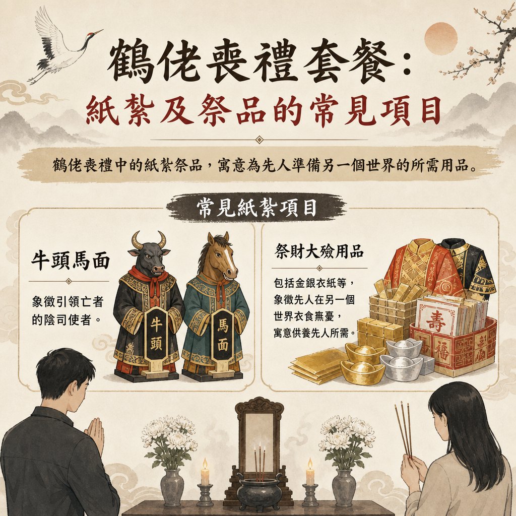 鶴佬喪禮常見紙紮與祭品項目圖表。詳細介紹象徵陰司使者的『牛頭馬面』紙紮，以及包含金銀衣紙、寓意供養先人衣食無憂的『祭財大殮用品』。