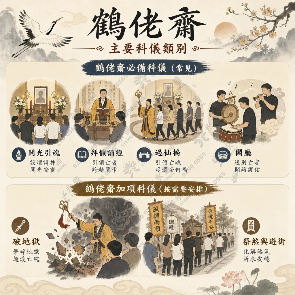 鶴佬齋主要科儀類別資訊圖表，分為「必備科儀」與「加項科儀」。必備科儀包含：開光引魂、拜懺誦經、過仙橋、鬧廳；加項科儀包含：破地獄、祭煞與遊街。圖表並簡述了每一項科儀的宗教意義，如引領亡者、超渡亡魂及化解煞氣。