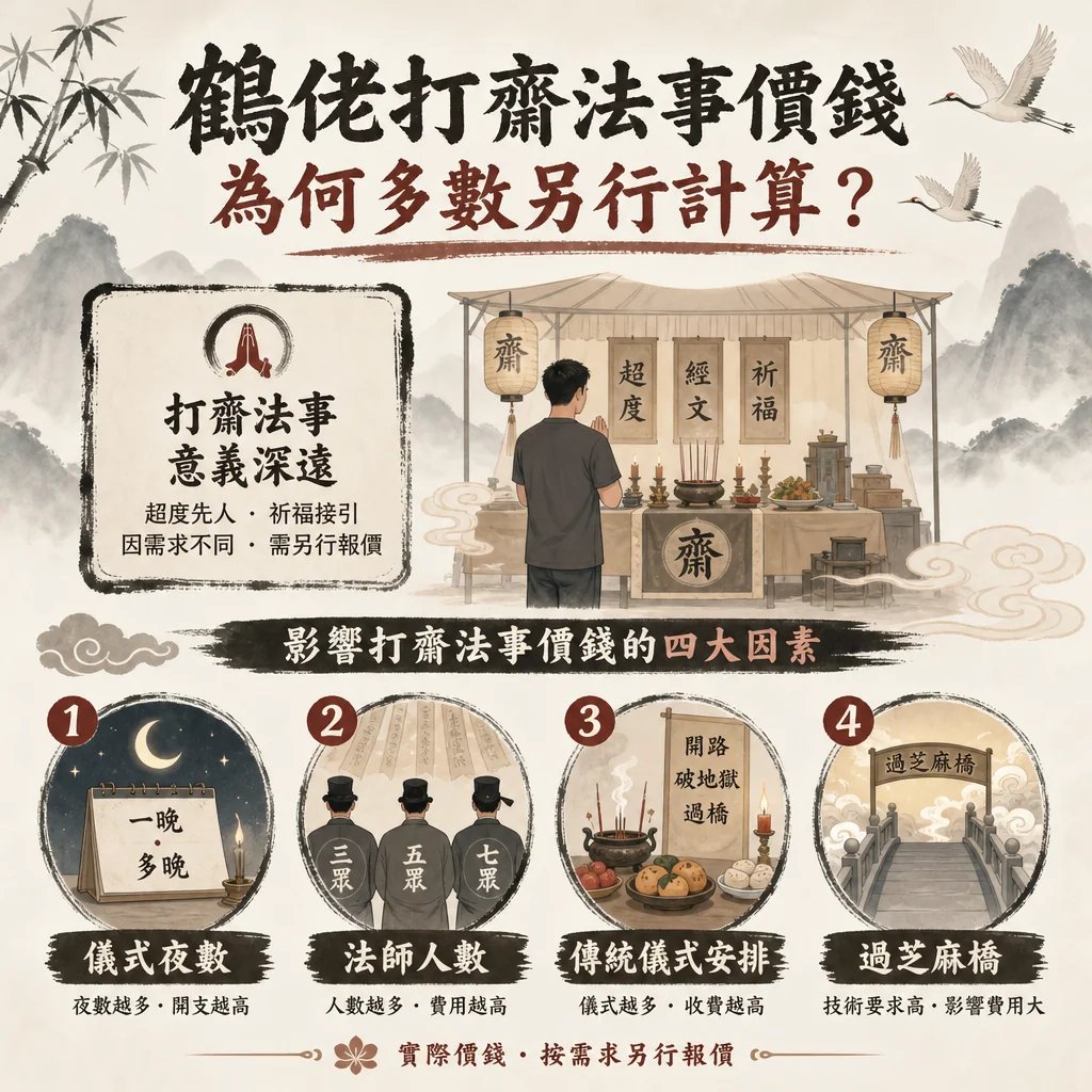 hoklo-taoist-ritual-cost-4-factors 這是一張說明「鶴佬打齋法事價錢為何多數另行計算?」的資訊圖表,圖表下方詳細列出「影響打齋法事價錢的四大因素」:1. 儀式夜數(一晚或多晚,夜數越多開支越高);2. 法師人數(三眾、五眾或七眾,人數越多費用越高);3. 傳統儀式安排(如開路、破地獄、過橋,儀式越多收費越高);4. 過芝麻橋(技術要求高,對費用影響大)。