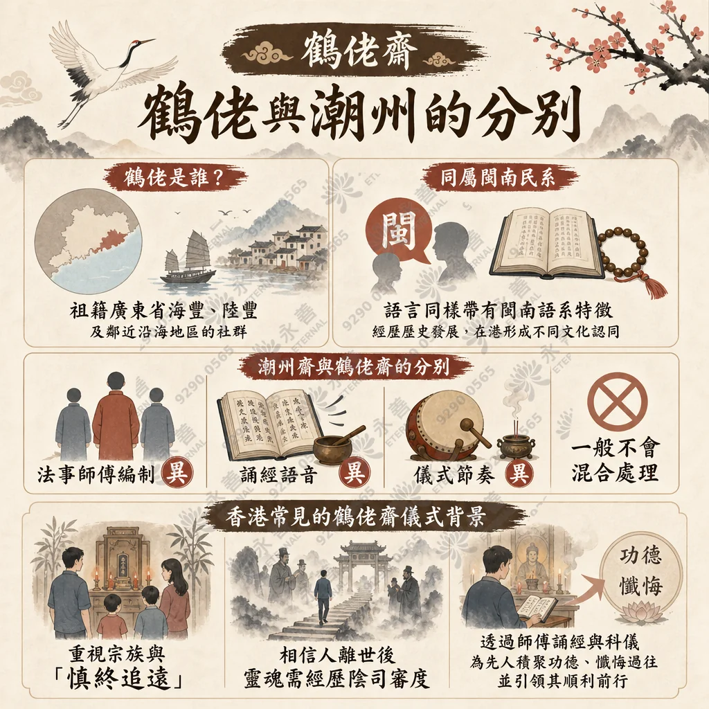 鶴佬與潮州喪禮文化分別的資訊圖表。內容說明鶴佬人祖籍廣東省海豐與陸豐，屬閩南民系。圖表對比了潮州齋與鶴佬齋在法事師傅編制、誦經語音與儀式節奏上的差異，強調兩者一般不會混合處理，並介紹了香港常見的鶴佬齋儀式背景，包括重視慎終追遠、靈魂經陰司審度及透過功德懺悔為先人積福的傳統。