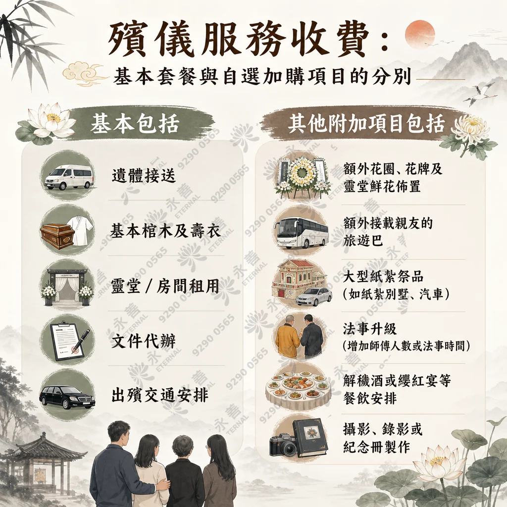一張淡雅中式水墨風格的資訊圖表，標題為「殯儀服務收費：基本套餐與自選加購項目的分別」。圖表分為左右兩大欄位：左欄「基本包括」包含 5 個項目（均附對應插圖）：遺體接送、基本棺木及壽衣、靈堂／房間租用、文件代辦、出殯交通安排。右欄「其他附加項目包括」包含 6 個項目（均附對應插圖）：額外花圈花牌及靈堂鮮花佈置、額外接載親友的旅遊巴、大型紙紮祭品（如紙紮別墅、汽車）、法事升級（增加師傅人數或法事時間）、解穢酒或纓紅宴等餐飲安排、攝影、錄影或紀念冊製作。