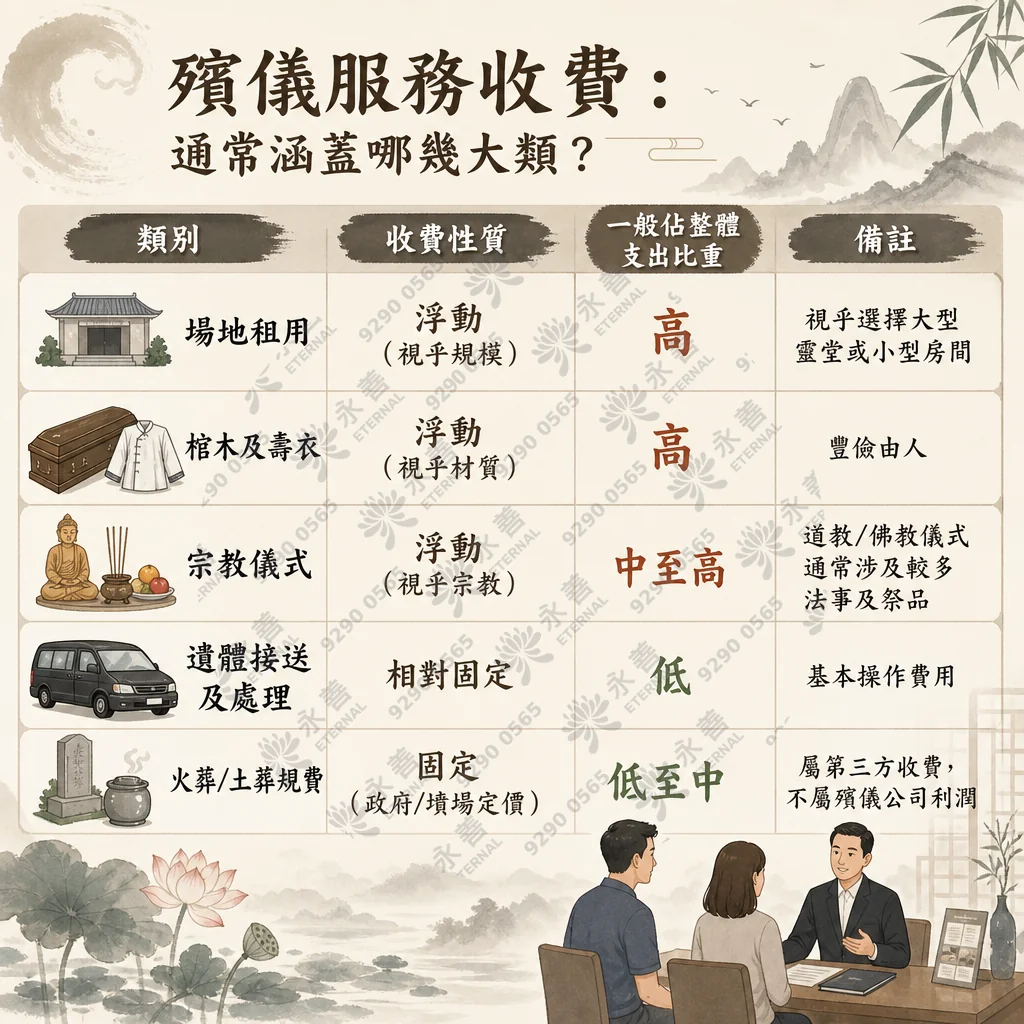 一張淡雅中式水墨山水風格的資訊圖表，標題為「殯儀服務收費：通常涵蓋哪幾大類？」。圖表核心為一個詳細的收費結構表格，分為「類別、收費性質、一般佔整體支出比重、備註」四欄。表格內容包含五大類：場地租用、棺木及壽衣、宗教儀式、遺體接送及處理及火葬/土葬規費。