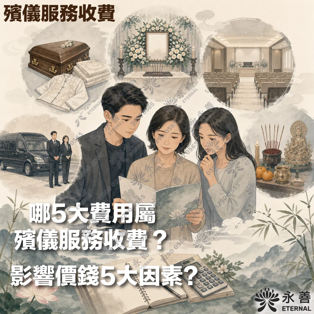 永善（ETERNAL）的宣傳插畫，主題為「殯儀服務收費」。畫面中央有三位年輕男女正專注地閱讀一份宣傳手冊。周圍有五個圓形氣泡，分別展示：中式棺木與壽衣、靈堂裝飾、殯儀館客堂座席、靈車與黑西裝工作人員、以及佛教祭品與神像。下方配有大字標題：「哪5大費用屬殯儀服務收費？影響價錢5大因素？」，右下角帶有永善品牌標誌。整體呈現淡雅溫和的水墨插畫風格。
