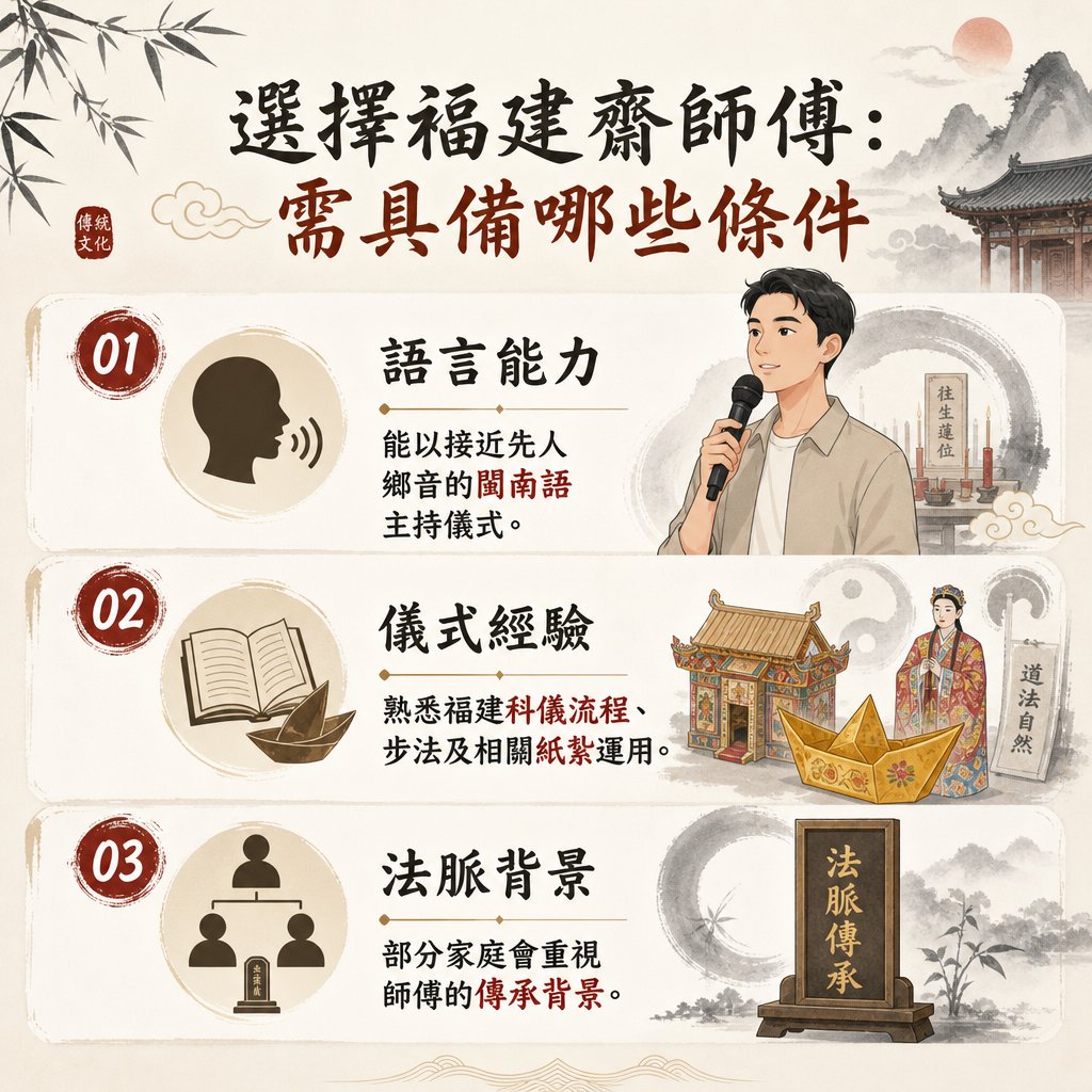 一張標題為『選擇福建齋師傅：需具備哪些條件』的傳統中式風格資訊圖表。內容列出三大條件：語言能力、儀式經驗及法脈背景。