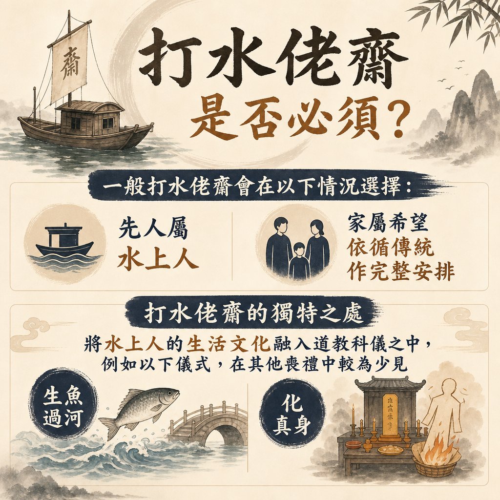 關於「打水佬齋是否必須？」的資訊圖。內容指出一般會在兩種情況下選擇此儀式：一是先人屬水上人，二是家屬希望依循傳統作完整安排。圖中進一步解釋打水佬齋的獨特之處，在於將水上人的生活文化融入道教科儀之中，並舉例說明在其他喪禮中較為少見的兩大獨特儀式：「生魚過河」（圖中配有鮮魚躍過橋樑的插畫）與「化真身」（圖中配有在祭台旁火化紙紮真身剪影的插畫）。