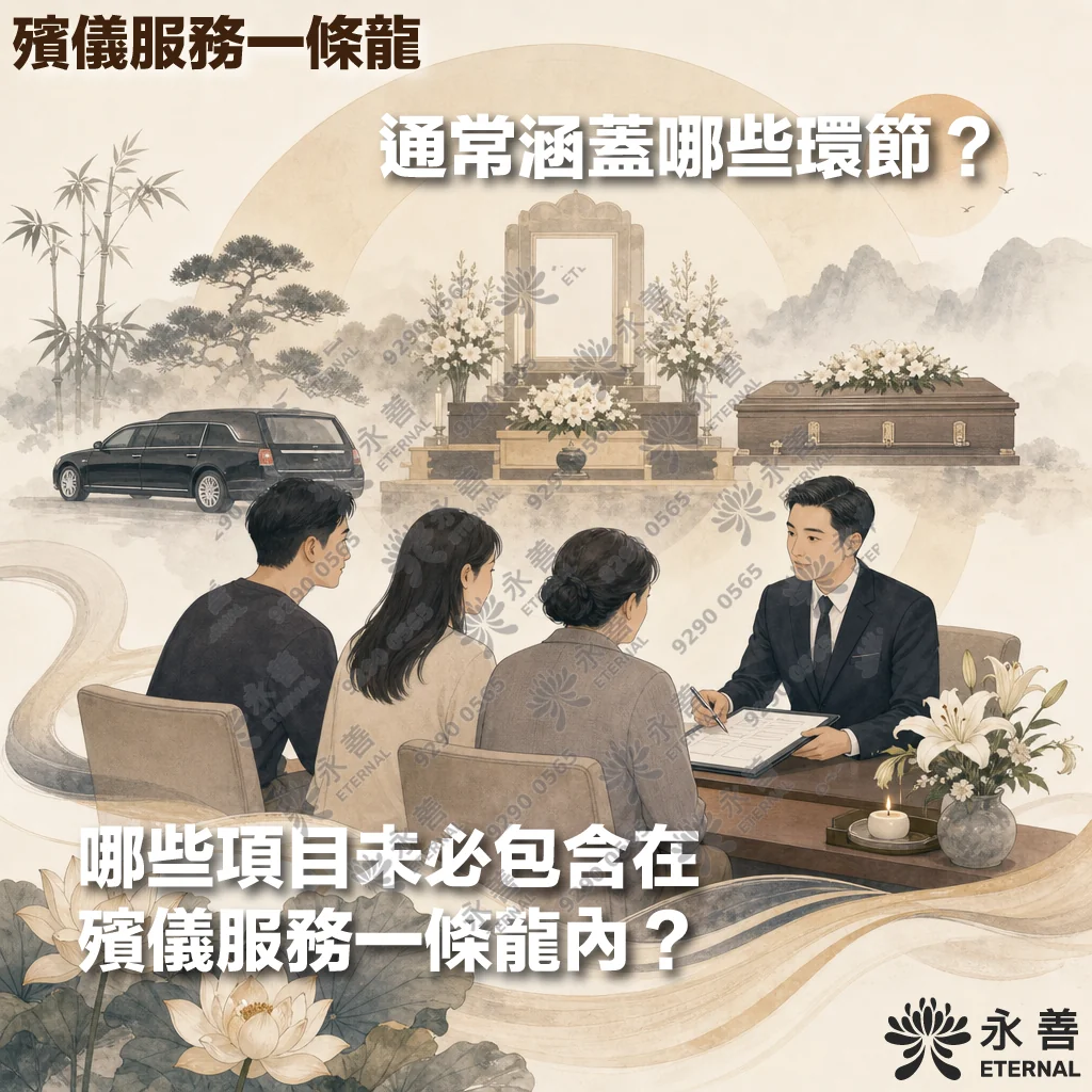 永善 ETERNAL 殯儀服務一條龍宣傳圖卡。整體呈現淡雅的水墨山水與金色煙雲背景，前方的桌子旁，一位身穿黑西裝的專業殯儀顧問正手持筆與文件，向三位背對鏡頭的家屬（一男兩女）親切講解。背景中融合了黑色高級靈車、傳統西式棺木以及布置了白色鮮花與相框的靈堂。左下角有盛開的白蓮花。圖中主要文字包含左上角的「殯儀服務一條龍」、上方的「通常涵蓋哪些環節？」以及左下角的「哪些項目未必包含在殯儀服務一條龍內？」。右下角帶有「永善 ETERNAL」的品牌標誌。