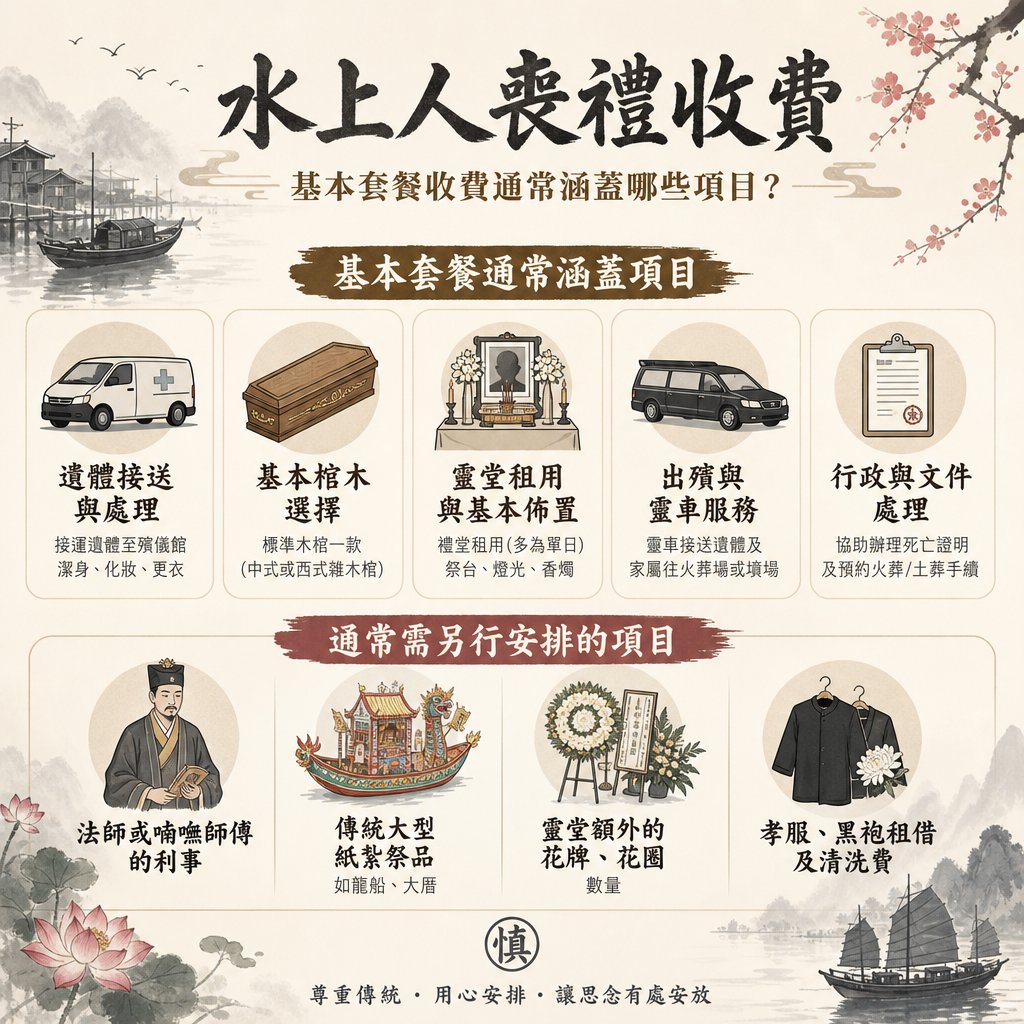 水上人喪禮收費資訊圖表，標題為「基本套餐收費通常涵蓋哪些項目？」圖表主要分為兩大服務區塊：基本套餐通常涵蓋項目及通常需另行安排項目。