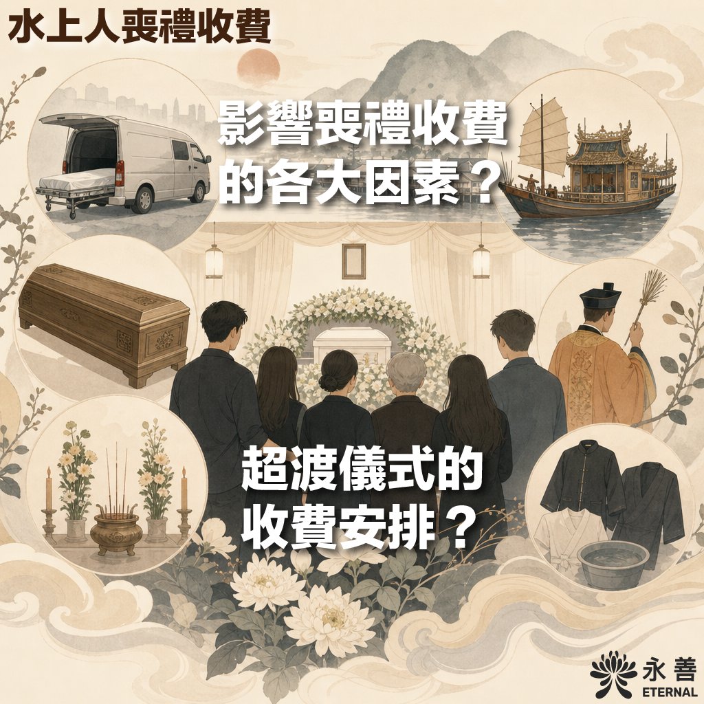 永善的殯儀宣傳插畫，主題為水上人喪禮收費，展示影響收費的各項因素，包括：靈車接送、水上人傳統船隻、中式木棺、道士超渡儀式、香爐祭品以及孝服壽衣。