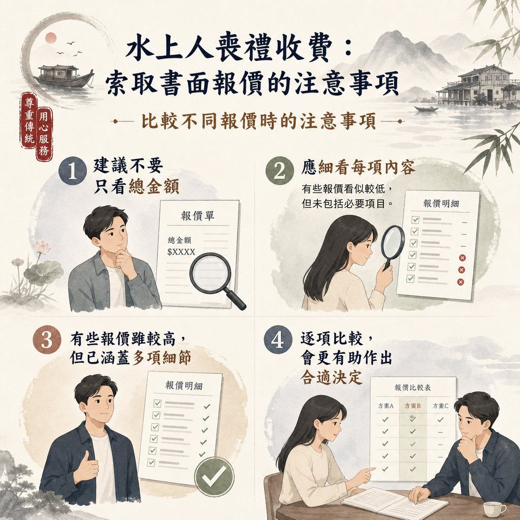 主標題為『水上人喪禮收費：索取書面報價的注意事項』的資訊圖表，圖表列出比較不同報價時的四大重點：建議不要只看總金額、應細看每項內容、有些報價雖較高，但已涵蓋多項細節及逐項比較，會更有助作出合適決定。