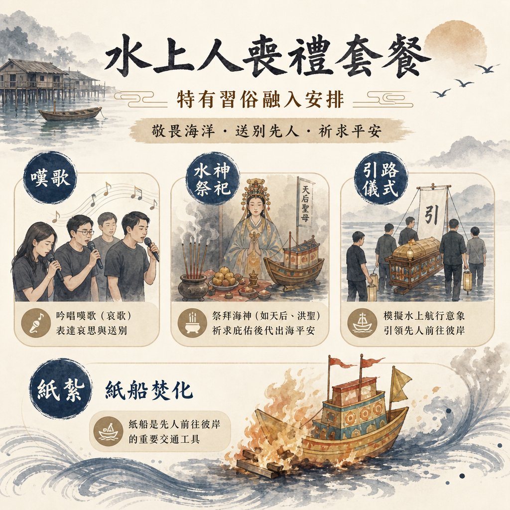 關於「水上人喪禮套餐：特有習俗融入安排」的資訊圖表，圖表詳細列出四大傳統儀式：一、嘆歌；二、水神祭祀；三、引路儀式；四、紙紮紙船焚化等。