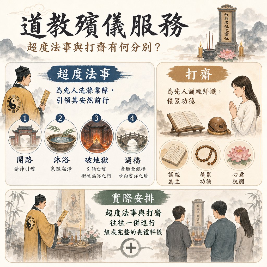 道教殯儀服務資訊圖表，主題為「超度法事與打齋有何分別？」。背景為淡雅水墨山水與神位。圖表分為三大部分：超度法事：定義為「為先人洗滌業障，引領其安然前行」。包含四個步驟：(1) 開路：請神引魂；(2) 沐浴：象徵潔淨；(3) 破地獄：引領亡魂衝破幽冥之門；(4) 過橋：走過金銀橋步向安詳之境。左側配有喃嘸師傅身穿太極法衣的插畫。