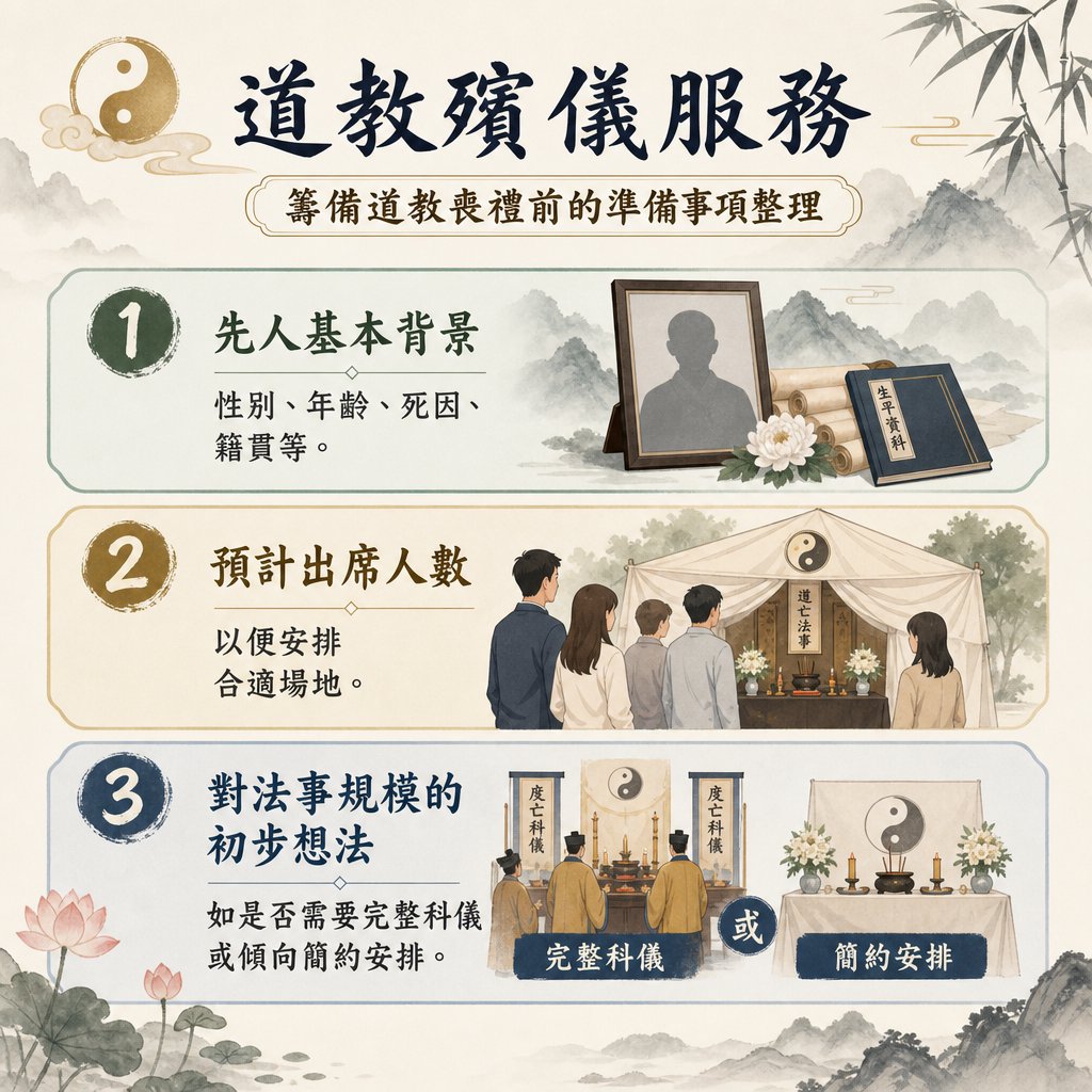 道教殯儀服務資訊圖表，主題為「籌備道教喪禮前的準備事項整理」。背景為古典水墨山水、太極圖與荷花。圖中以長條區塊詳細列出三大準備重點：
