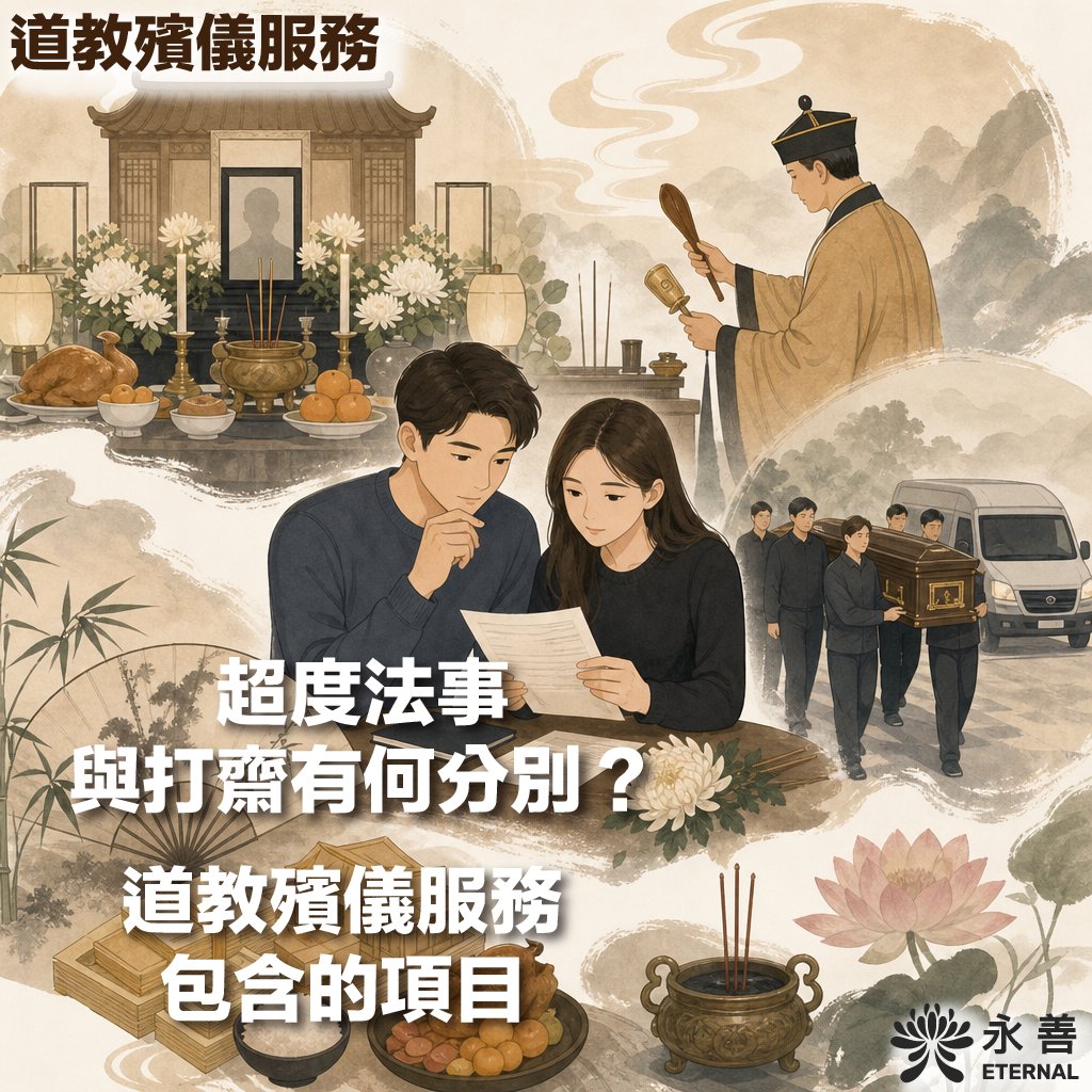 永善道教殯儀服務宣傳圖，採用古典淡雅的水墨插畫風格。左上方為道教靈堂布置，設有逝者相片、白菊花、香爐與祭品；右上方為道教法師正在進行作法儀式的半身像；右下方為工作人員抬棺及靈車的場景。畫面中央有一男一女家屬正在專注觀看文件的插畫。畫面下方的核心文字為「超度法事與打齋有何分別？道教殯儀服務包含的項目」，右下角帶有「永善 ETERNAL」的品牌標誌。