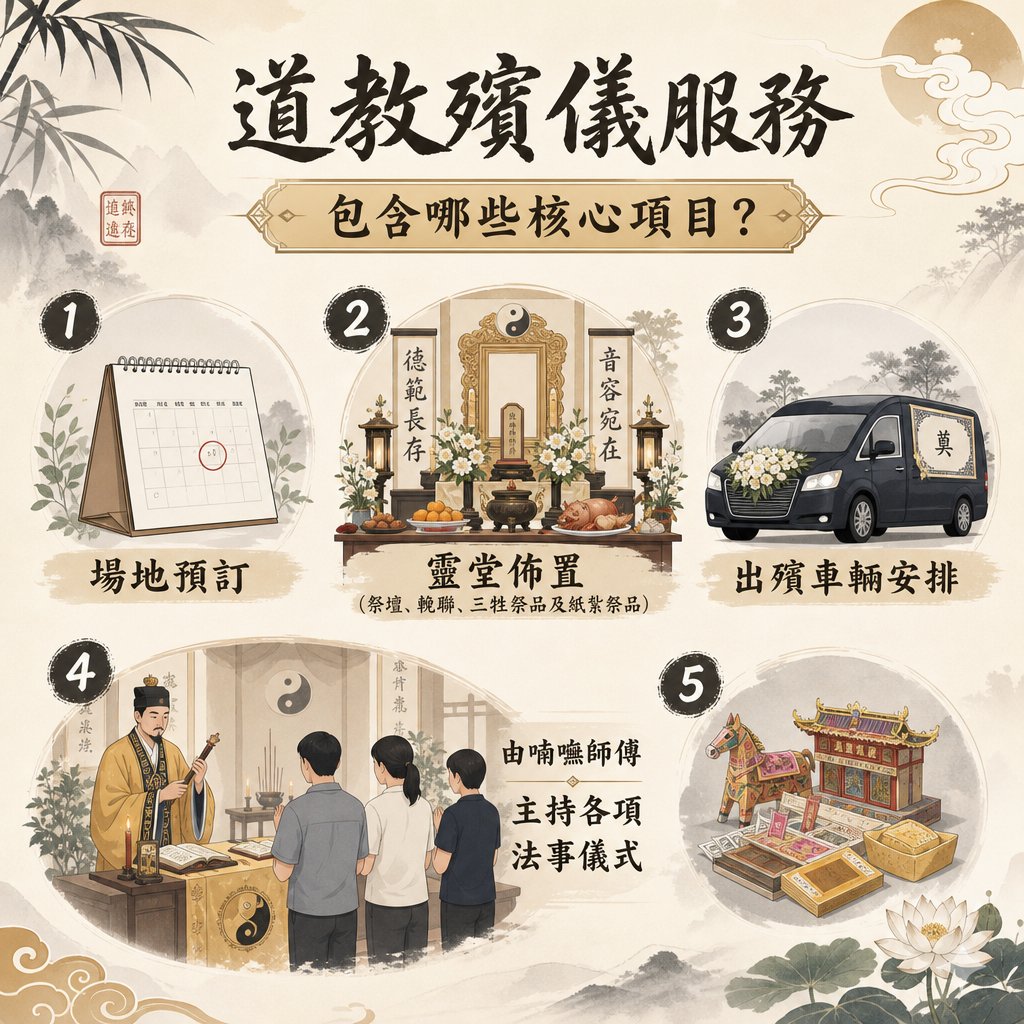 道教殯儀服務資訊圖表，主題為「包含哪些核心項目？」。背景為古典水墨山水、祥雲與荷花。圖中以圓形圖標詳細列出五大核心項目與插畫：1. 場地預訂：配有桌上型日曆插畫。2. 靈堂佈置：配有道教靈堂插畫，包含太極圖、祭壇、輓聯（德範長存、音容宛在）、三牲祭品及紙紮祭品。3. 出殯車輛安排：配有車頭裝飾白花的黑色靈車插畫，車身貼有「奠」字。4. 由喃嘸師傅主持各項法事儀式：配有喃嘸師傅在太極壇前誦經作法，三位家屬背影合十聆聽的插畫。5. 紙紮祭品：配有精緻的紙紮大屋（靈堂）、紙馬、金銀元寶及冥鈔插畫。