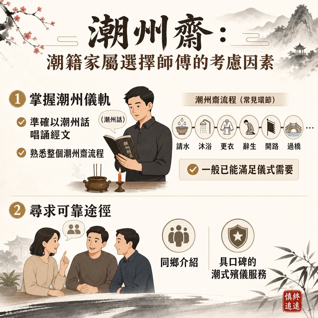 一張標題為「潮州齋：潮籍家屬選擇師傅的考慮因素」的資訊圖表。內容分為兩大部分：第一是「掌握潮州儀軌」，強調需以潮州話誦經及熟悉流程；第二是「尋求可靠途徑」，建議透過同鄉介紹或具口碑的潮式殯儀服務。