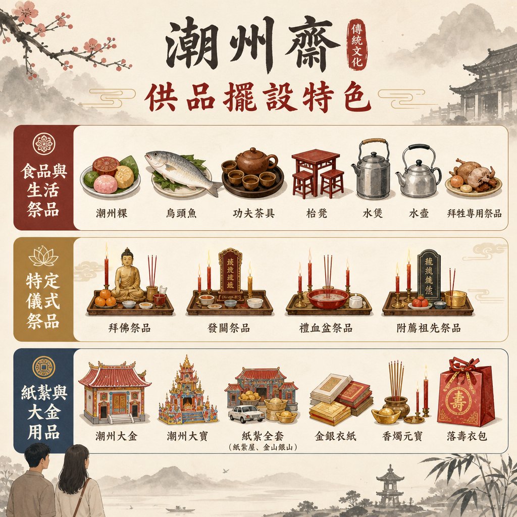 一張介紹「潮州齋」傳統文化供品擺設特色的資訊圖表，詳細列出了食品與生活祭品、特定儀式祭品，以及紙紮與大金用品三大分類的常見祭品圖示。